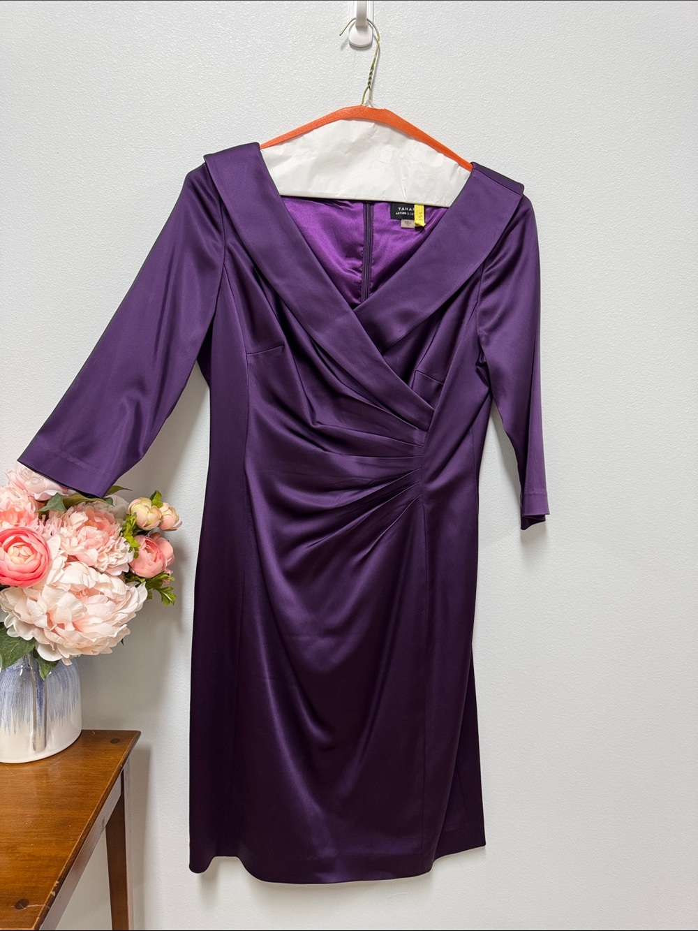 Tahari Purple Satin Draped V-Neck Long Sleeve Dress